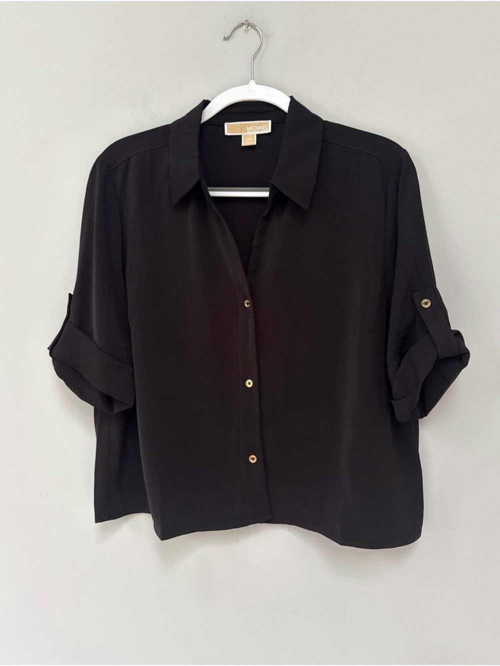 Michael Kors Black Button-Front Roll-Tab Blouse